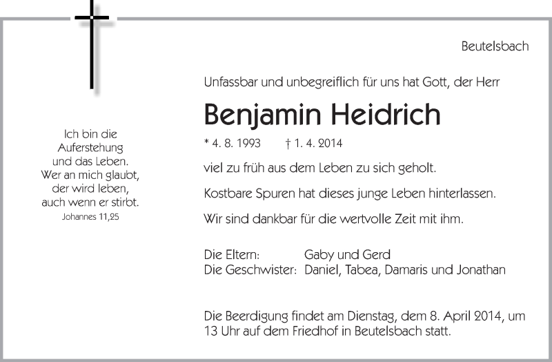  Traueranzeige für Benjamin Heidrich vom 05.04.2014 aus Waiblinger Kreiszeitung