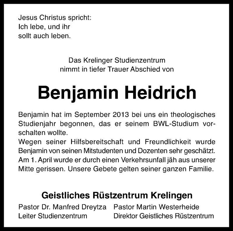  Traueranzeige für Benjamin Heidrich vom 08.04.2014 aus Waiblinger Kreiszeitung