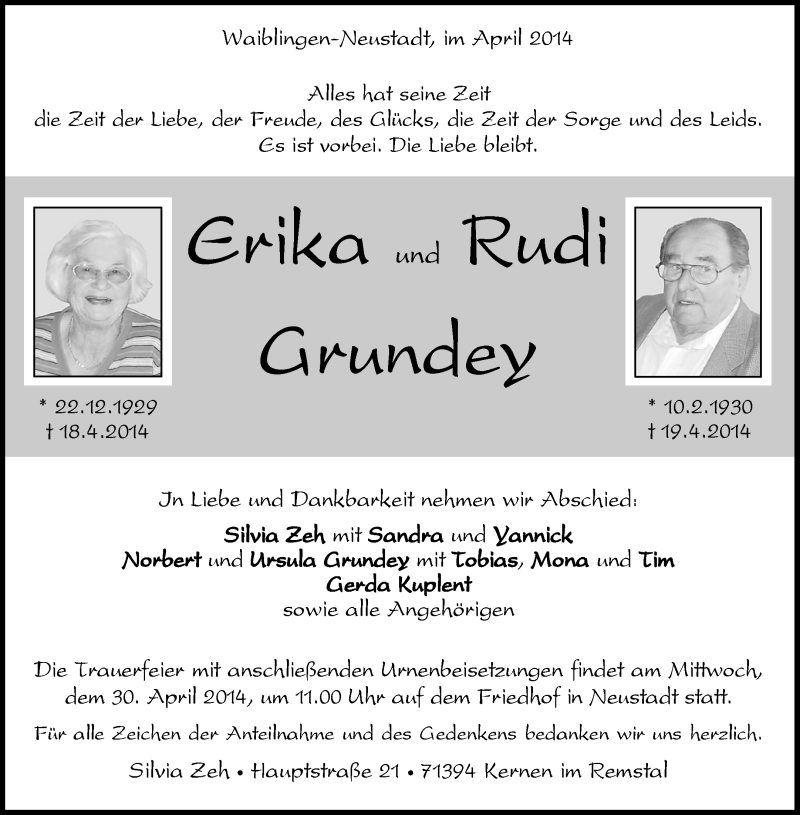  Traueranzeige für Grtika Rtitch vom 26.04.2014 aus Waiblinger Kreiszeitung