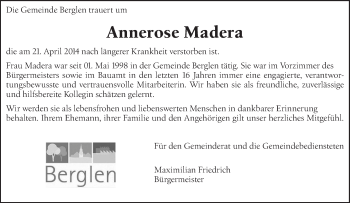 Traueranzeige von Annerose Madera von Waiblinger Kreiszeitung
