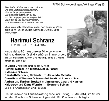 Traueranzeige von Hartmut Schranz von Waiblinger Kreiszeitung