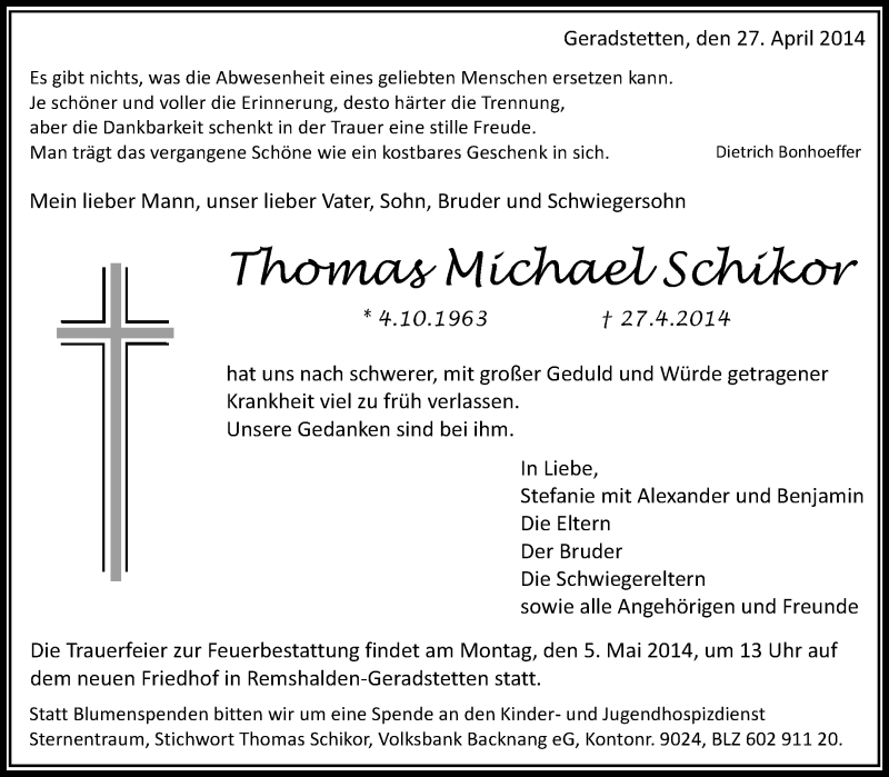  Traueranzeige für Thomas Michael Schikor vom 30.04.2014 aus Waiblinger Kreiszeitung