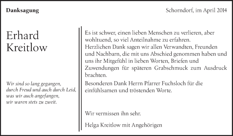  Traueranzeige für Helga Kreitlow mit Angehörigen vom 03.05.2014 aus Waiblinger Kreiszeitung