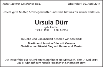 Traueranzeige von Ursula Dürr von Waiblinger Kreiszeitung