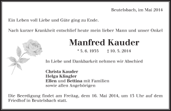 Traueranzeige von Manfred Kauder von Waiblinger Kreiszeitung
