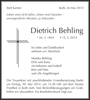 Traueranzeige von Dietrich Behling von Waiblinger Kreiszeitung