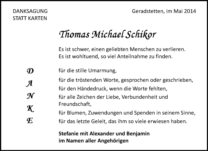  Traueranzeige für Thomas Michael Schikor vom 17.05.2014 aus Waiblinger Kreiszeitung