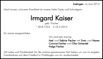 Traueranzeige von Irmgard Kaiser von Waiblinger Kreiszeitung