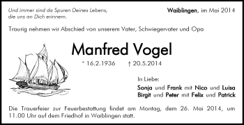 Traueranzeige von Manfred Vogel von Waiblinger Kreiszeitung