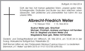 Traueranzeige von Albrecht-Friedrich Weller von Waiblinger Kreiszeitung