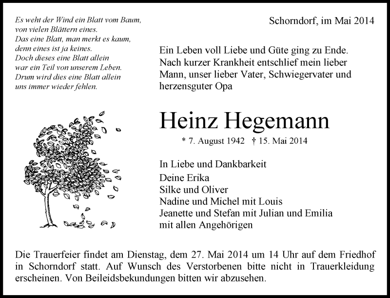  Traueranzeige für Heinz Hegemann vom 24.05.2014 aus Waiblinger Kreiszeitung