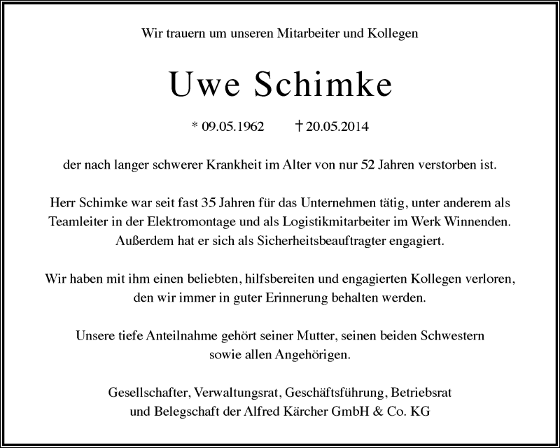  Traueranzeige für Uwe Schimke vom 28.05.2014 aus Waiblinger Kreiszeitung