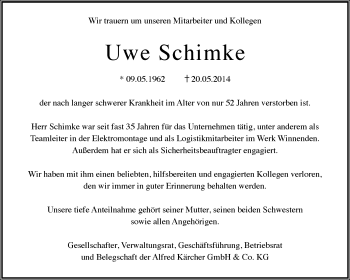 Traueranzeige von Uwe Schimke von Waiblinger Kreiszeitung