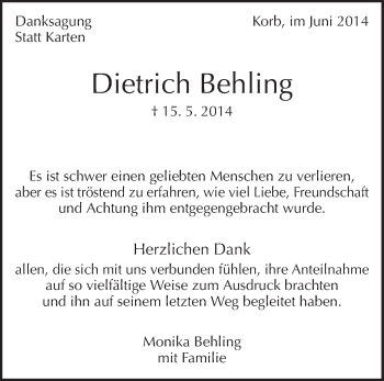 Traueranzeige von Dietrich Behling von Waiblinger Kreiszeitung
