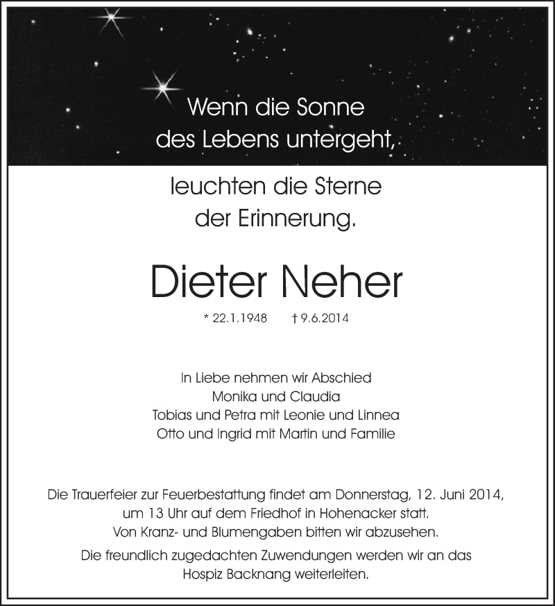  Traueranzeige für Dieter Neher vom 10.06.2014 aus Waiblinger Kreiszeitung