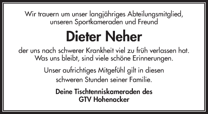  Traueranzeige für Dieter Neher vom 11.06.2014 aus Waiblinger Kreiszeitung