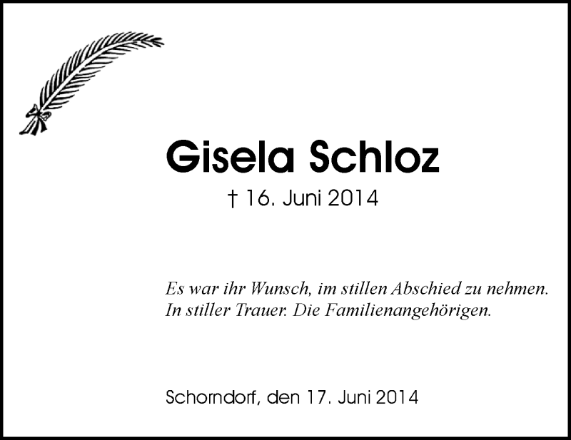  Traueranzeige für Gisela Schloz vom 20.06.2014 aus Waiblinger Kreiszeitung