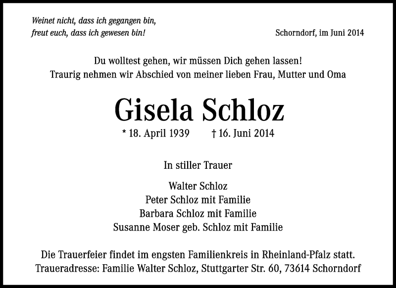  Traueranzeige für Gisela Schloz vom 21.06.2014 aus Waiblinger Kreiszeitung