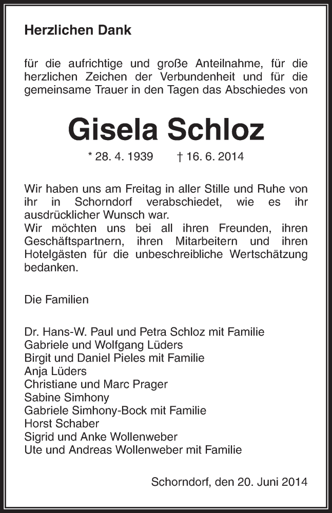  Traueranzeige für Gisela Schloz vom 24.06.2014 aus Waiblinger Kreiszeitung