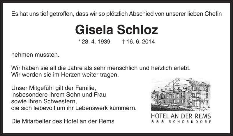  Traueranzeige für Gisela Schloz vom 24.06.2014 aus Waiblinger Kreiszeitung