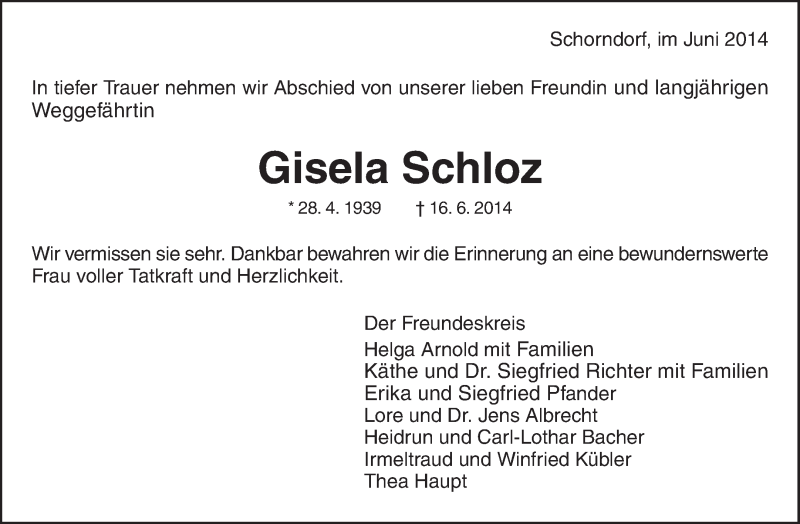  Traueranzeige für Gisela Schloz vom 24.06.2014 aus Waiblinger Kreiszeitung