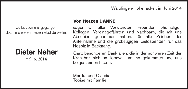  Traueranzeige für Dieter Neher vom 26.06.2014 aus Waiblinger Kreiszeitung