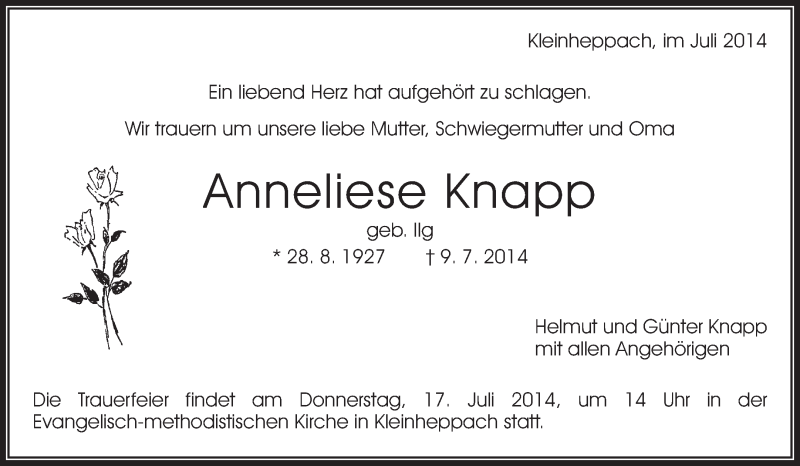  Traueranzeige für Anneliese Knapp vom 11.07.2014 aus Waiblinger Kreiszeitung