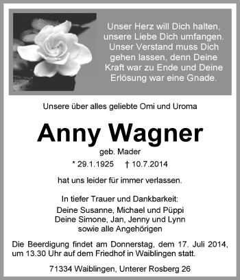 Traueranzeige von Anny Wagner von Waiblinger Kreiszeitung