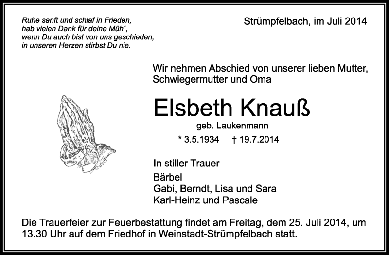  Traueranzeige für Elsbeth Knauß vom 22.07.2014 aus Waiblinger Kreiszeitung