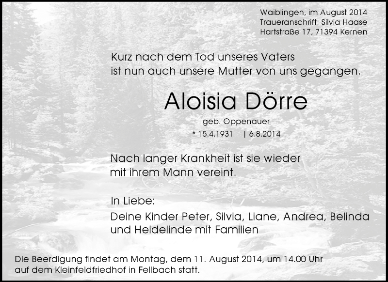  Traueranzeige für Aloisia Dörre vom 08.08.2014 aus Waiblinger Kreiszeitung
