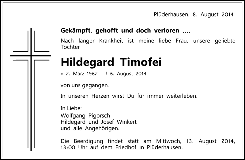  Traueranzeige für Hildegard Timofei vom 09.08.2014 aus Waiblinger Kreiszeitung