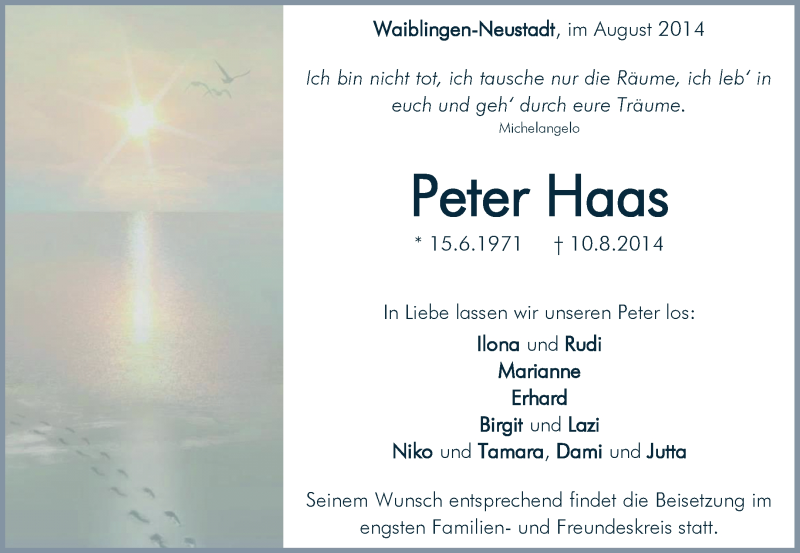  Traueranzeige für Peter Haas vom 15.08.2014 aus Waiblinger Kreiszeitung