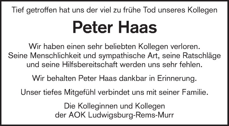  Traueranzeige für Peter Haas vom 23.08.2014 aus Waiblinger Kreiszeitung