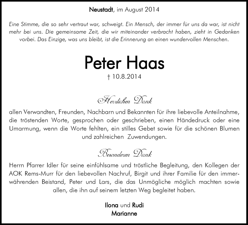  Traueranzeige für Peter Haas vom 29.08.2014 aus Waiblinger Kreiszeitung
