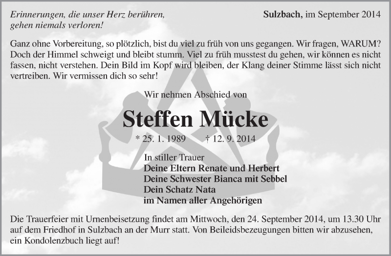 Traueranzeige für Steffen Mücke vom 22.09.2014 aus Waiblinger Kreiszeitung
