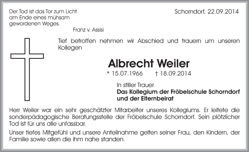 Traueranzeige für Albrecht Weiler vom 23.09.2014 aus Waiblinger Kreiszeitung