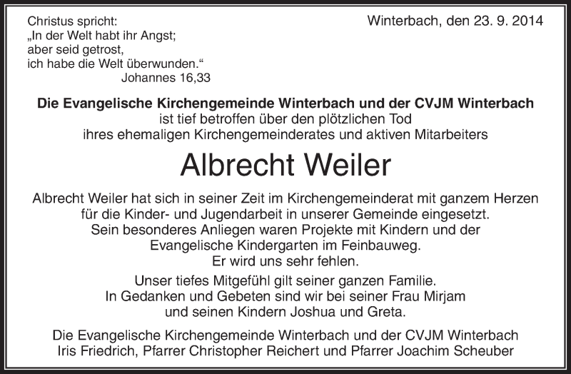  Traueranzeige für Albrecht Weiler vom 24.09.2014 aus Waiblinger Kreiszeitung