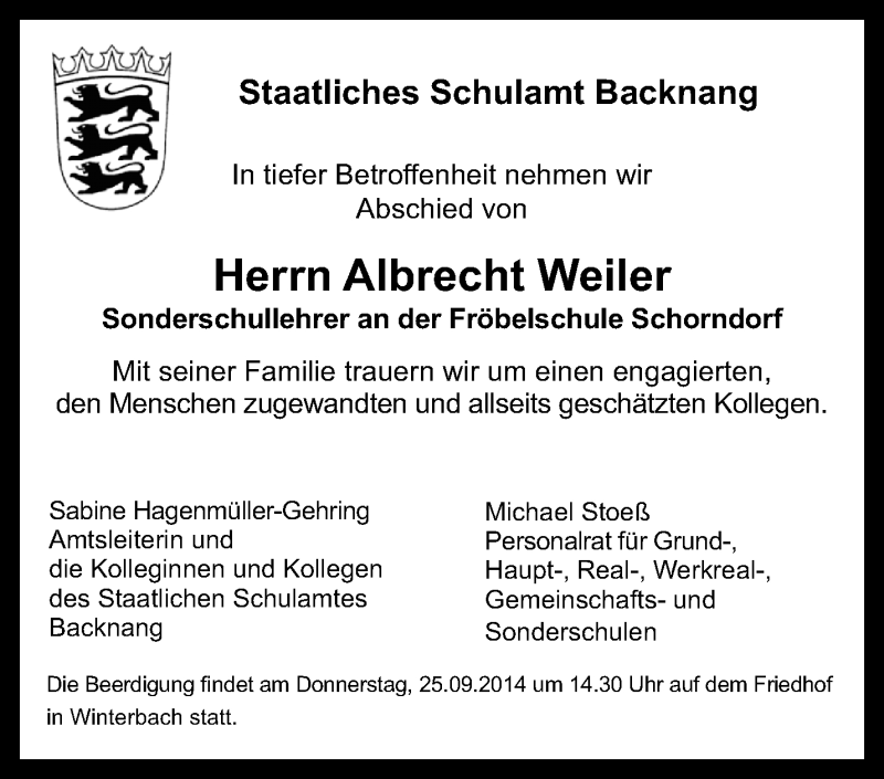  Traueranzeige für Albrecht Weiler vom 24.09.2014 aus Waiblinger Kreiszeitung