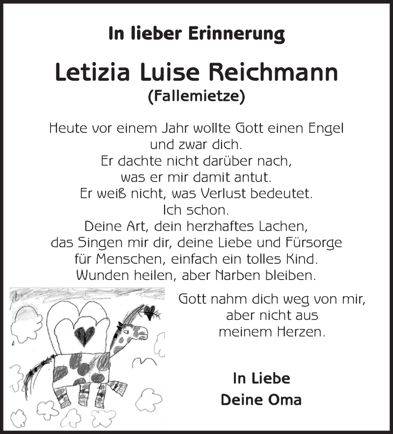  Traueranzeige für Letizia Reichmann vom 01.10.2014 aus Waiblinger Kreiszeitung