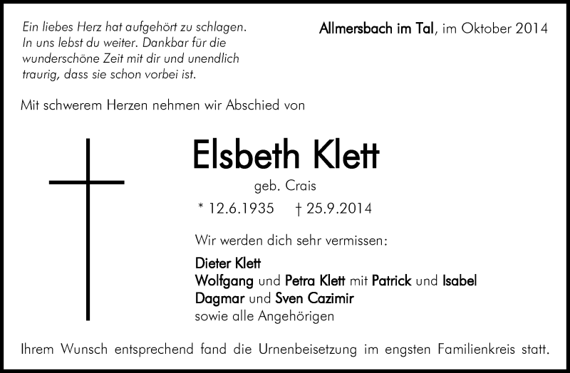  Traueranzeige für Elsbeth Klett vom 18.10.2014 aus Waiblinger Kreiszeitung
