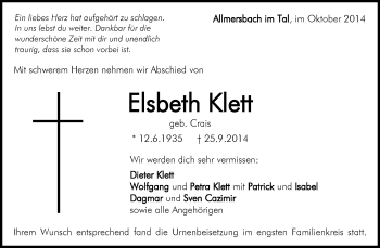 Traueranzeige von Elsbeth Klett von Waiblinger Kreiszeitung
