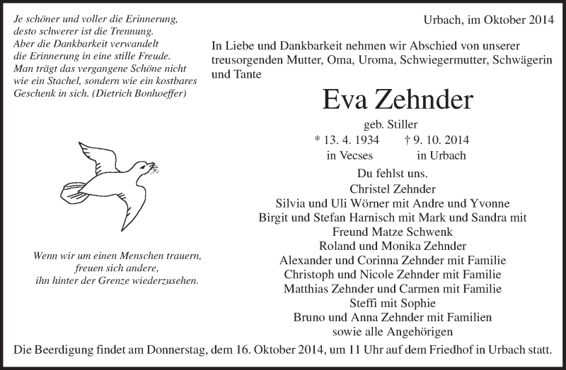  Traueranzeige für Eva Zehnder vom 14.10.2014 aus Waiblinger Kreiszeitung