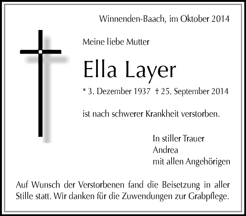  Traueranzeige für Ella Layer vom 18.10.2014 aus Waiblinger Kreiszeitung