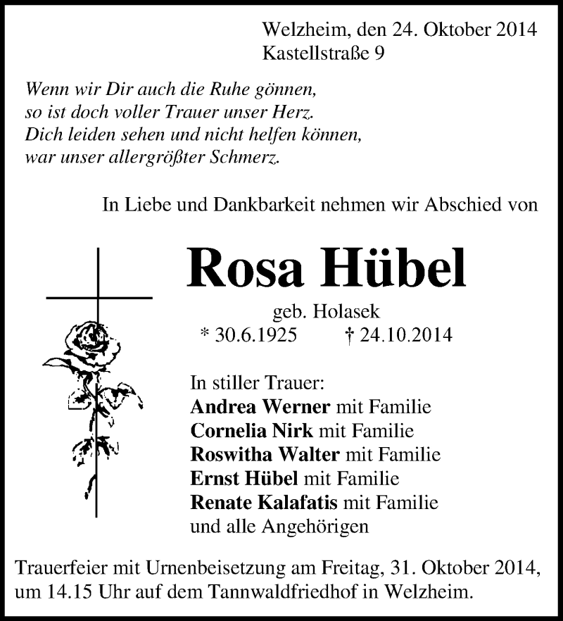  Traueranzeige für Rosa Hübel vom 28.10.2014 aus Waiblinger Kreiszeitung