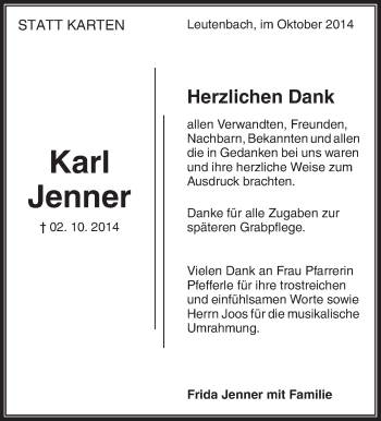 Traueranzeige von Karl Jenner von Waiblinger Kreiszeitung