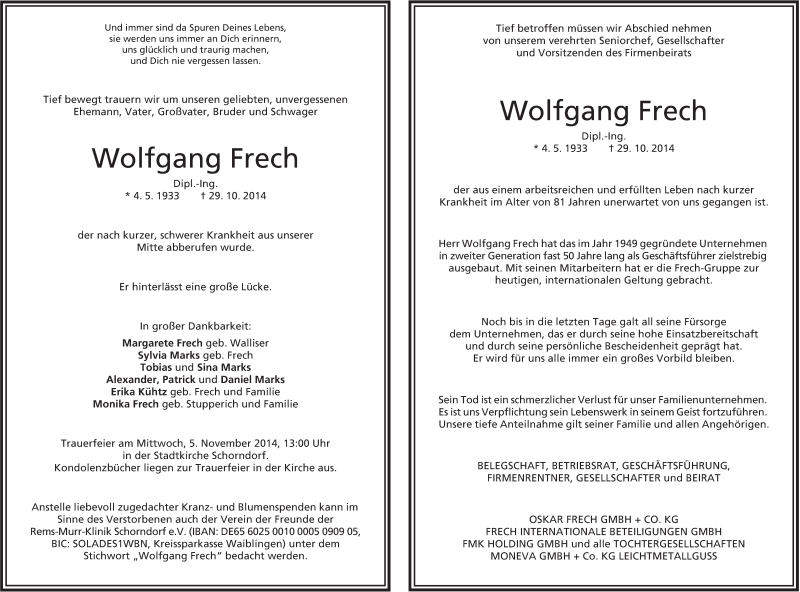 Traueranzeige für Wolfgang Frech vom 31.10.2014 aus Waiblinger Kreiszeitung