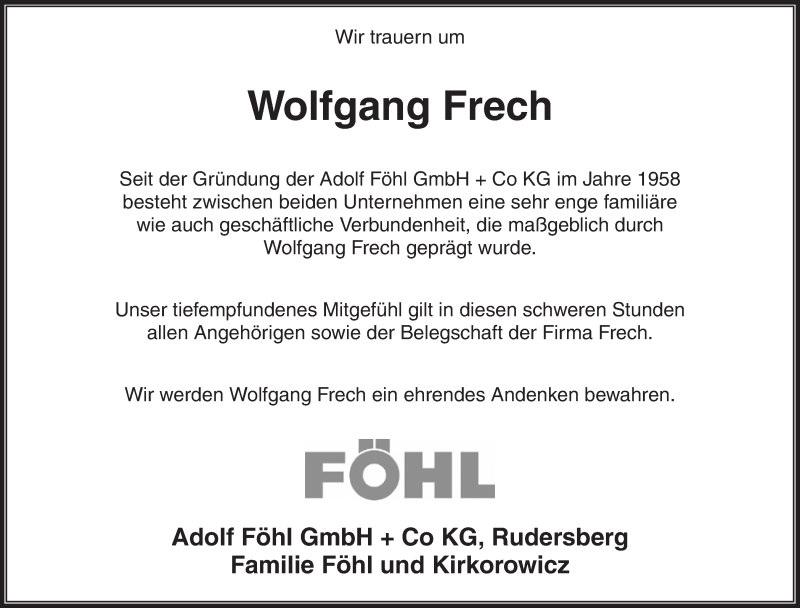  Traueranzeige für Wolfgang Frech vom 04.11.2014 aus Waiblinger Kreiszeitung