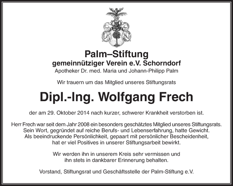  Traueranzeige für Wolfgang Frech vom 03.11.2014 aus Waiblinger Kreiszeitung