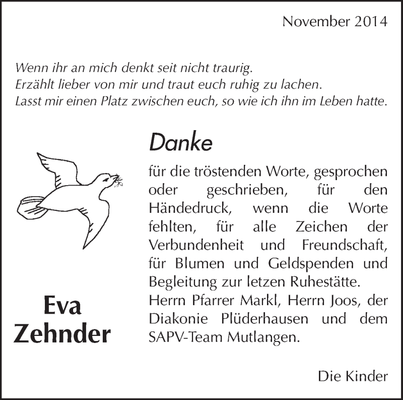  Traueranzeige für Eva Zehnder vom 07.11.2014 aus Waiblinger Kreiszeitung