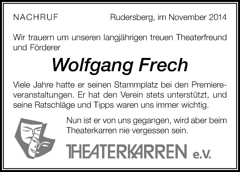  Traueranzeige für Wolfgang Frech vom 11.11.2014 aus Waiblinger Kreiszeitung